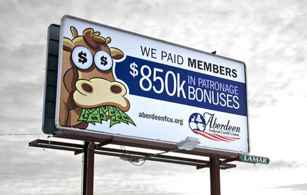 Aberdeen Federal Credit Union billboard design with cash cow
